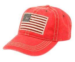 12 Pieces Washed Cotton Baseball Cap With American Flag Patch In Red - Baseball Caps & Snap Backs