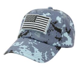 12 Pieces Washed Cotton Baseball Cap With American Flag Patch In Digital Camo Blue - Baseball Caps & Snap Backs