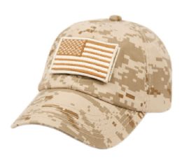 12 Pieces Washed Cotton Baseball Cap With American Flag Patch In Digital Camo Brown - Baseball Caps & Snap Backs
