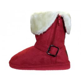 24 Pairs Youth's Micro Suede Foldover Boots With Faux Fur Lining And Side Zipper In Dark Red - Girls Boots