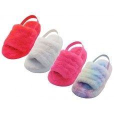 24 Wholesale Youth's Soft Fuzzy Plush Upper With Elastic Sling Back House Slippers