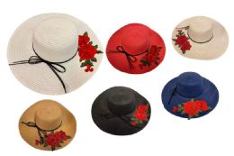 12 Wholesale Lady Sun Hat With Big Rose.