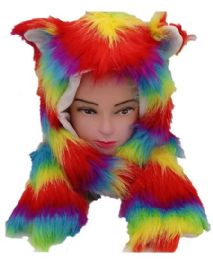 12 Pieces Rainbow Fur Animal Hat With Builtin Paws Mittens - Winter Animal Hats