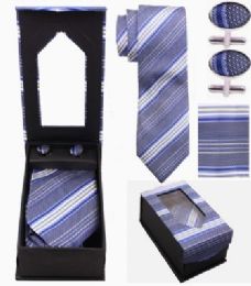 24 Pieces Tie And Cuff Link Set In Blue Striped - Neckties