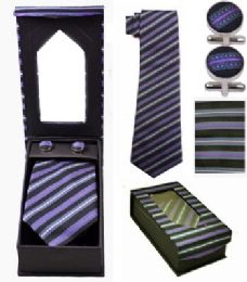 24 Pieces Tie And Cuff Link Set In Blue Striped - Neckties
