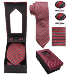 24 Bulk Tie And Cuff Link Set In Black And Red Striped