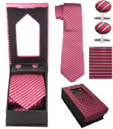 24 Wholesale Tie And Cuff Link Set In White And Red Striped
