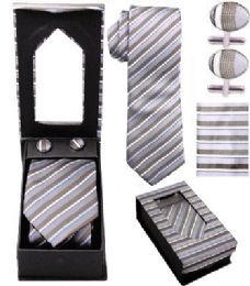 24 Bulk Tie And Cuff Link Set In Gray And White Striped