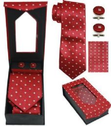 24 Wholesale Tie And Cuff Link Set In Red Polka Dot