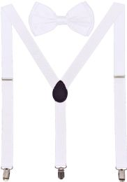 24 Bulk White Suspenders And Bow Tie Set