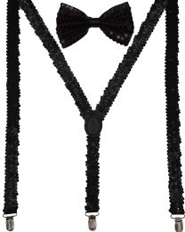 24 Bulk Black Sequin Suspenders And Bow Tie Set