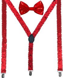 24 Bulk Red Sequin Suspenders And Bow Tie Set