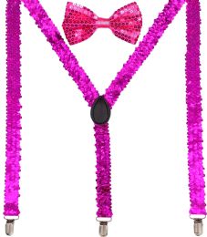 24 Wholesale Pink Sequin Suspenders And Bow Tie Set