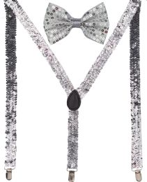 24 Wholesale Silver Sequin Suspenders And Bow Tie Set