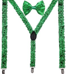 24 Bulk Green Sequin Suspenders And Bow Tie Set