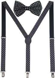 24 Bulk Black Polka Dot Suspenders And Bow Tie Set