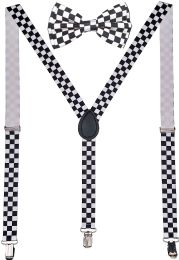 24 Bulk White Checkered Suspenders And Bow Tie Set