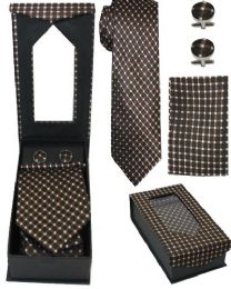 24 Pieces Brown Polka Dot Tie And Cuff Link Set - Neckties