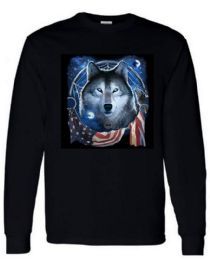 12 Wholesale Black Longsleeve T-Shirt Wolf Dream Flag