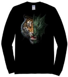 12 Wholesale Half Dragon Tiger Black Color Long Sleeve T-Shirt