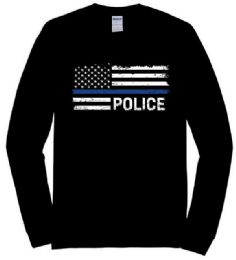 12 Wholesale Black LonG-Sleeve T-Shirt Blue Line Police