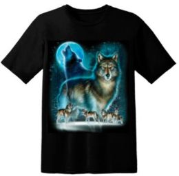 12 Wholesale Wolf Moon Silhouette Graphic Black Shirts Assorted