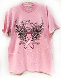 24 Wholesale Pink T Shirt Pink Ribbon With Wings Assorted Sizes