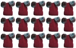 120 Pieces Double Pom Pom Ribbed Winter Beanie Hat, Multi Color Pom Pom Solid Red - Winter Beanie Hats