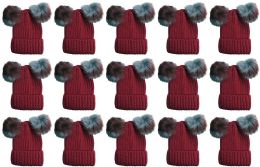 480 Wholesale Double Pom Pom Ribbed Winter Beanie Hat, Multi Color Pom Pom Solid Red