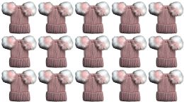 144 Wholesale Double Pom Pom Ribbed Winter Beanie Hat, Multi Color Pom Pom Solid Pink