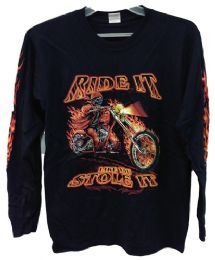 12 Pieces Long Sleeve Skull Flame Rider Assorted Sizes - Mens T-Shirts