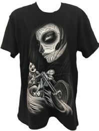 24 Wholesale Black T Shirt Skull Rider With Girl Assorted Plus Sizes