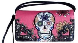 4 Pieces Pink Sugar Skull Wallet Purse With Long Strap - Wallets & Handbags