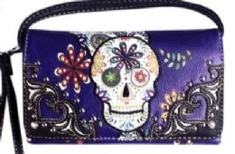 4 Pieces Purple Sugar Skull Wallet Purse With Long Strap - Wallets & Handbags