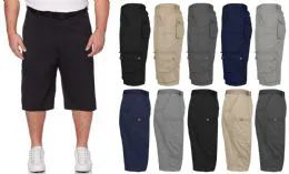 36 Pieces Men's Belted Cotton Cargo Pocket Shorts Extended Sizes 44-50 In Black - Mens Shorts