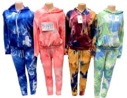12 Pieces Tie Dye Workout Jogger Hoody And Pants Sets - Womens Active Wear