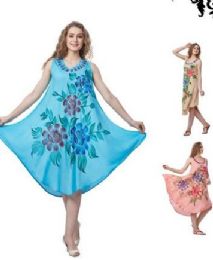 12 Wholesale Rayon Solid Color Dress With Brush Painted Design