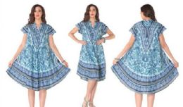 12 Wholesale Rayon Printed Dress With Placket 1 Color