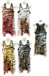 12 Pieces Rhinestone Twin Tiger Print Tank Top With Lace Back - Womens Fashion Tops