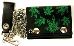 12 Wholesale Marijuana Leaves Printed Leather Chain TrI-Fold Wallet
