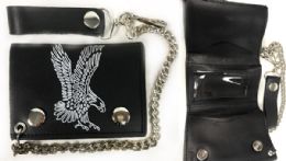 12 Wholesale Leather Trifold Wallet With Flying Eagle Chain