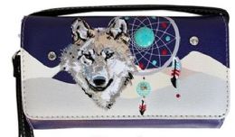 5 Pieces Wallet Purse Long Strap Wolf With Dream Catcher Purple - Wallets & Handbags