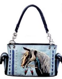 3 Wholesale Blue Embroidered Horse Satchel Purse With Gun Pocket