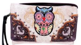 5 Wholesale Rhinestone Studded Owl Design Wallet Purse Beige