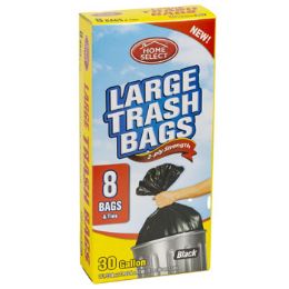24 Wholesale Trash Bags 8ct - 30 Gallon Large W/ties Black Home Select 2-Ply Strength