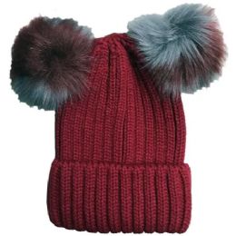 Yacht & Smith Women's Wine Cable Knit Double Pom Pom Beanie Hat