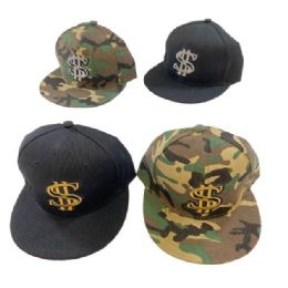 24 Wholesale Snap Back Flat Bill Hat Black Camo