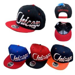 24 Wholesale Snap Back Flat Bill Hat Jagged Script Chicago