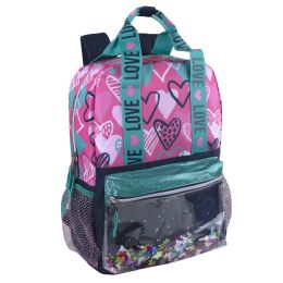 24 Wholesale 17 Inch Pink Heart Confetti Backpack