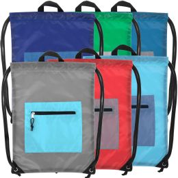 48 Pieces Front Accessory Pocket Drawstring Backpack - 6 Color Assortment - Draw String & Sling Packs